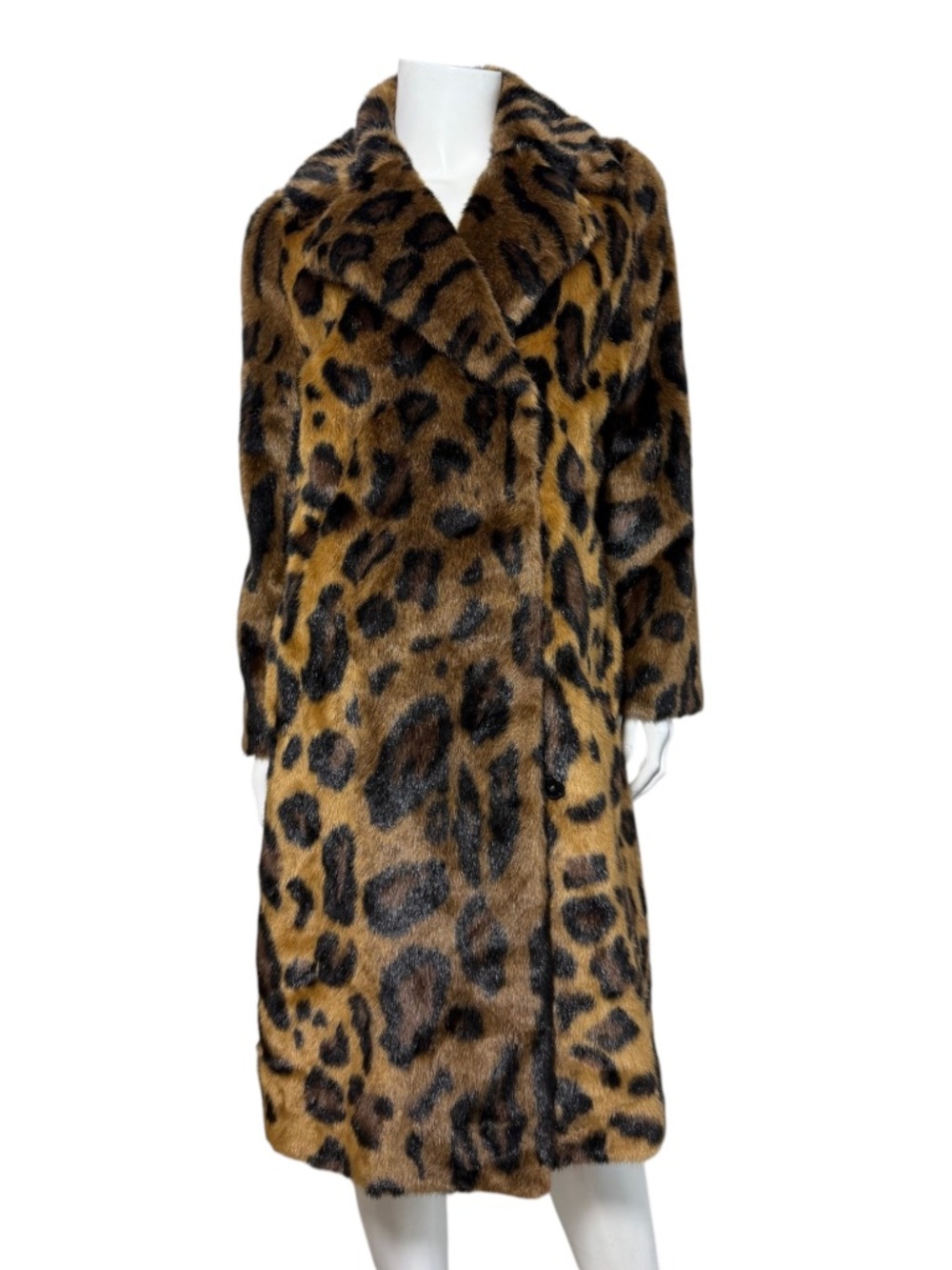 STAND STUDIO Alexandra Leopard Faux Fur Long Coat Size 34 XS Belted